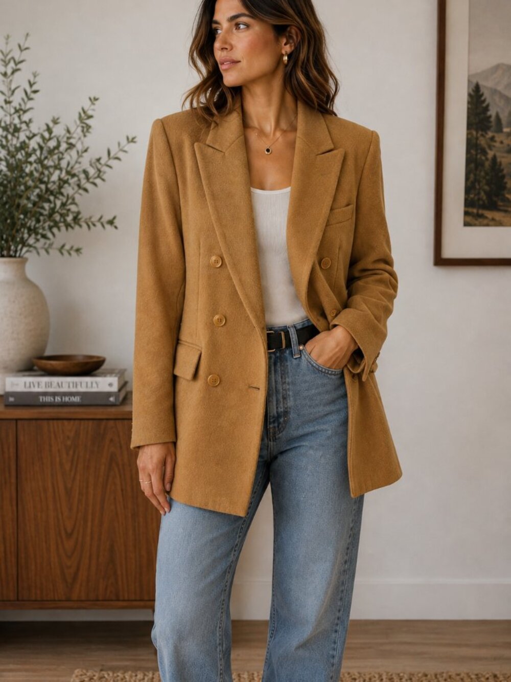 Vintage Anne Klein II Camel Wool‎ Double Breasted Blazer Size 6 ✨